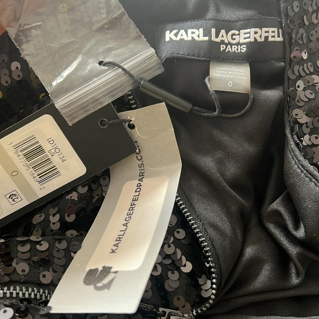 Karl Lagerfeld Sequin Puff Sleeve Shift Dress in Black, Size 0 New w/Tag