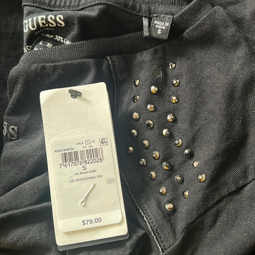 Guess Eco Katarina Embellished Crewneck Tee in Jet Black, New w/Tag $79