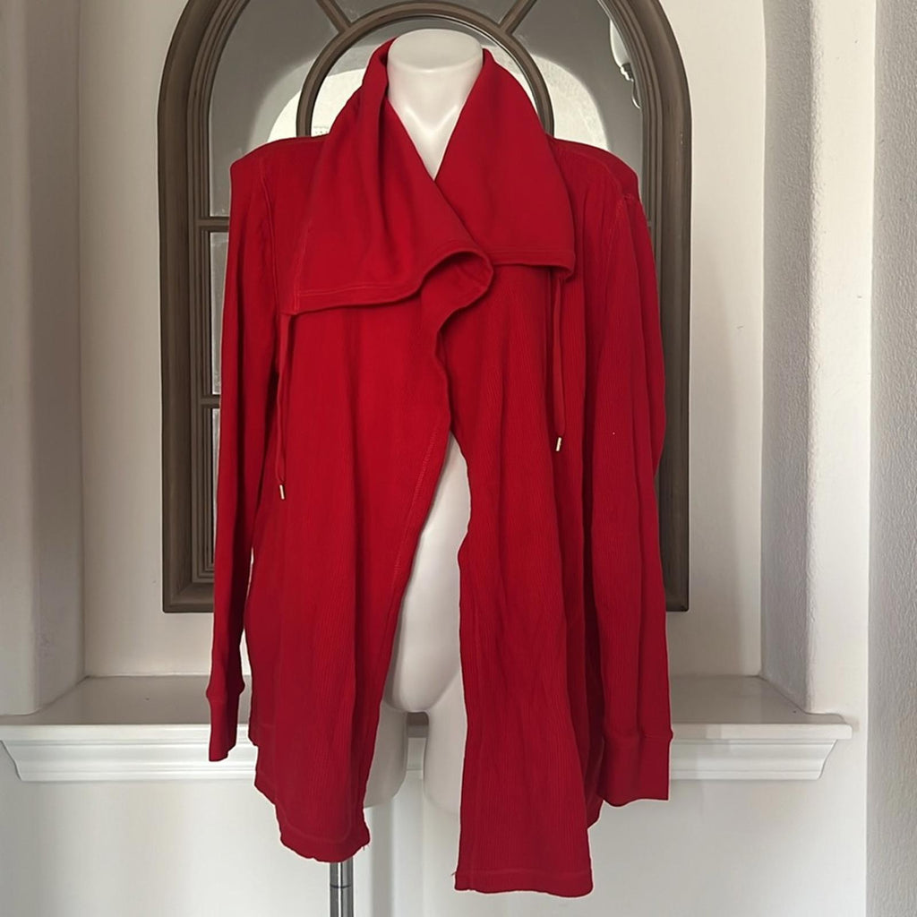 Lauren Ralph Lauren RED Thermal Tie Hooded Waffle Knit Cardigan Size XL NEW