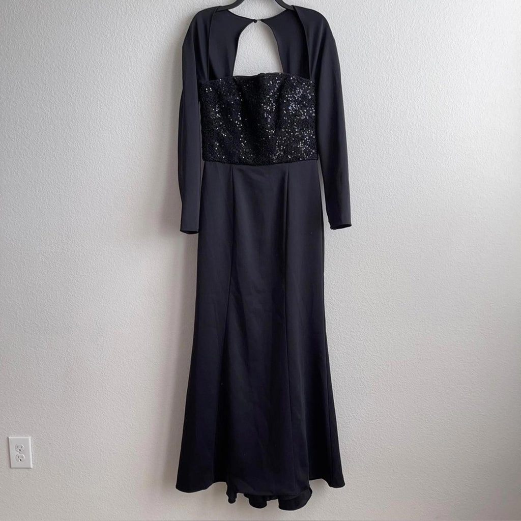 Amsale Sequined Beaded Bodice Gown, Stretch Crepe in Black, Size 10 NEW w/Tag