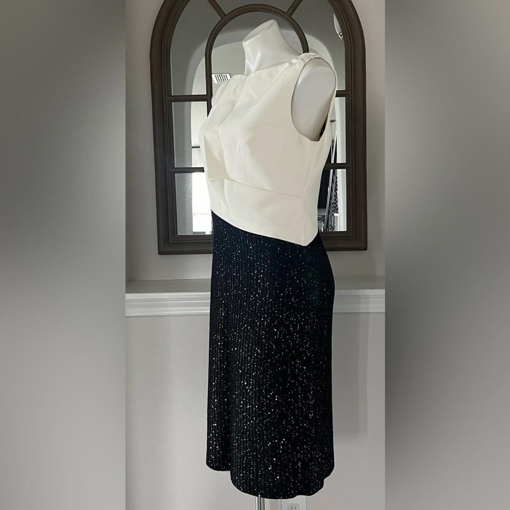 St. John Colorblock Tuxedo Bodice Dress w/Sequin Ribbed Knit, Size 10 NWT $1395