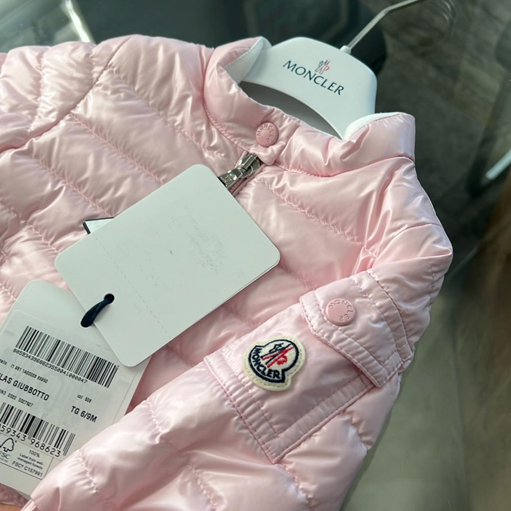 MONCLER Paulas Down Logo-Patch Sleeve Jacket, Pink Girl’s Size 6-9M New w/Tag