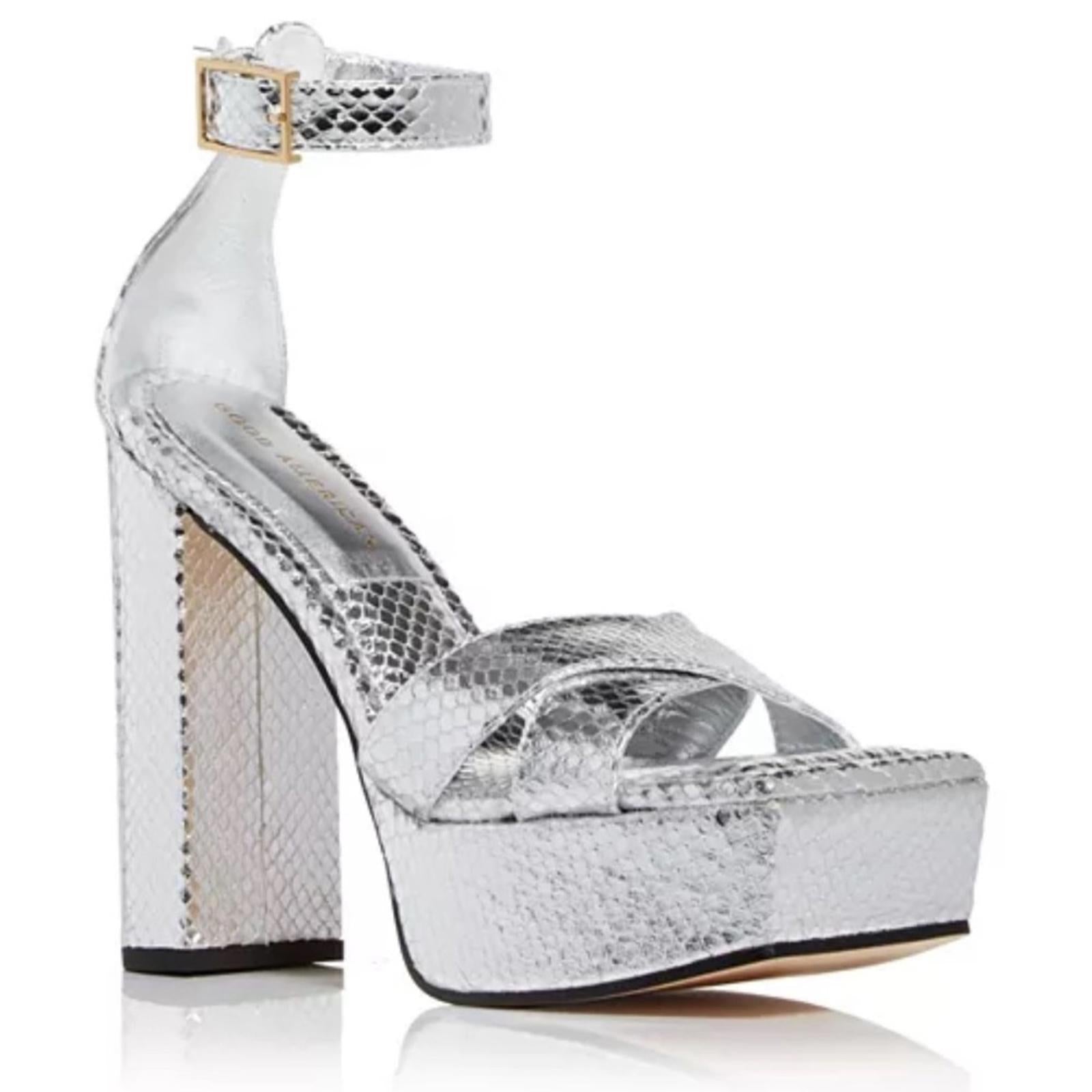 Good American Snake Embossed Platform High Heel Sandals in Silver, 6.5 NWT $185