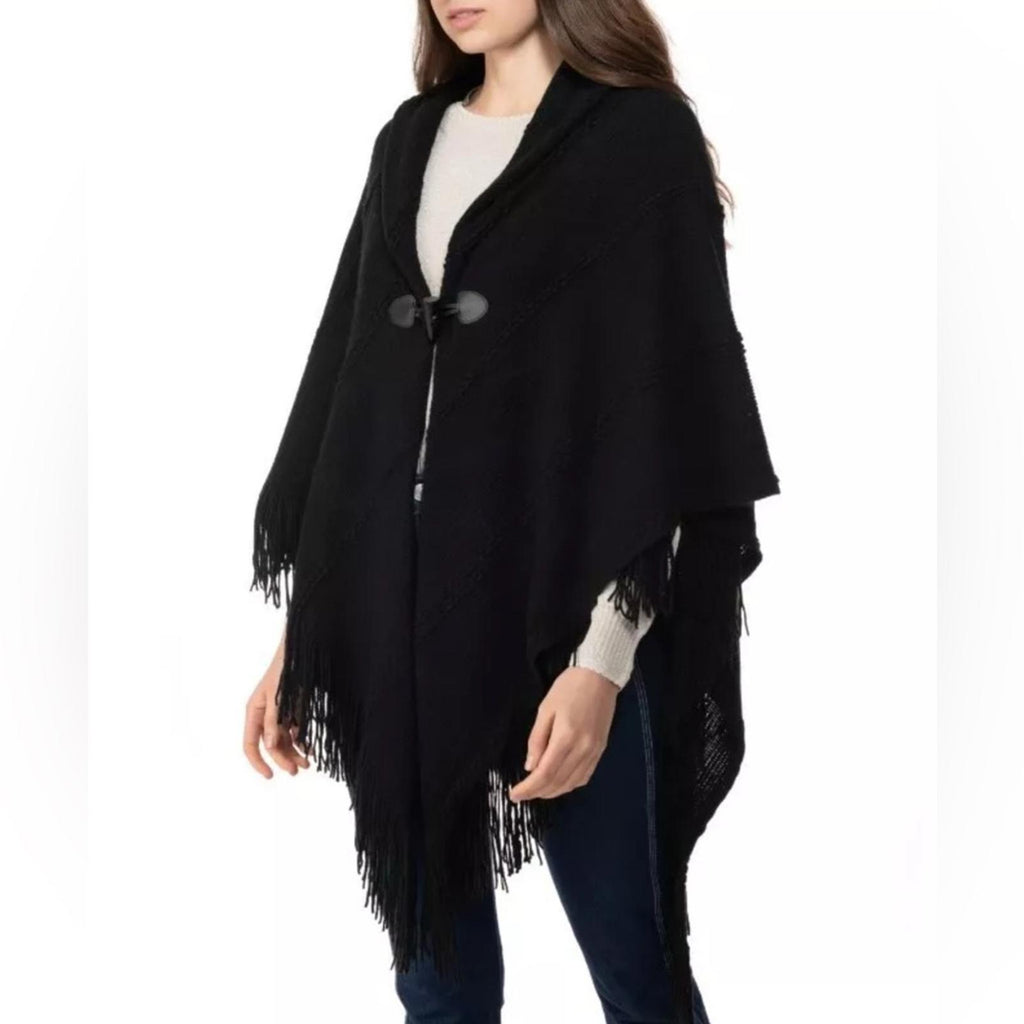 Charter Club Raschel Knit Toggle Poncho Wrap in Black, One Size NWT
