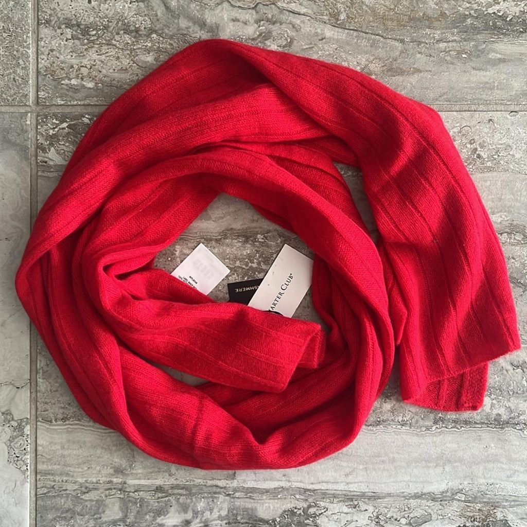 Charter Club Luxury 100% Cashmere Ribbed Scarf in Calypso Red New w/Tag $108.50