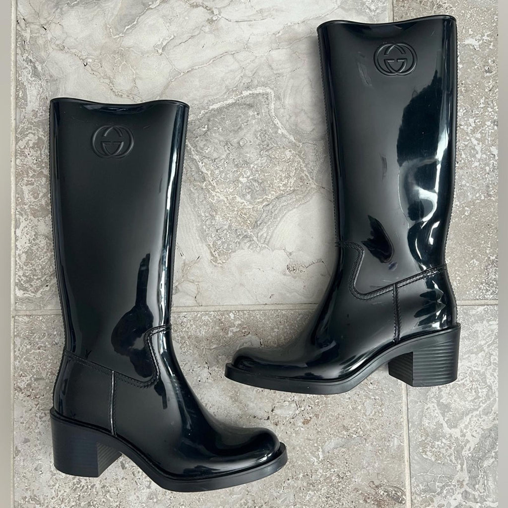 GUCCI Interlocking G Rubber Mid-Calf Rain Boots, Black Size 37 EXCELLENT!