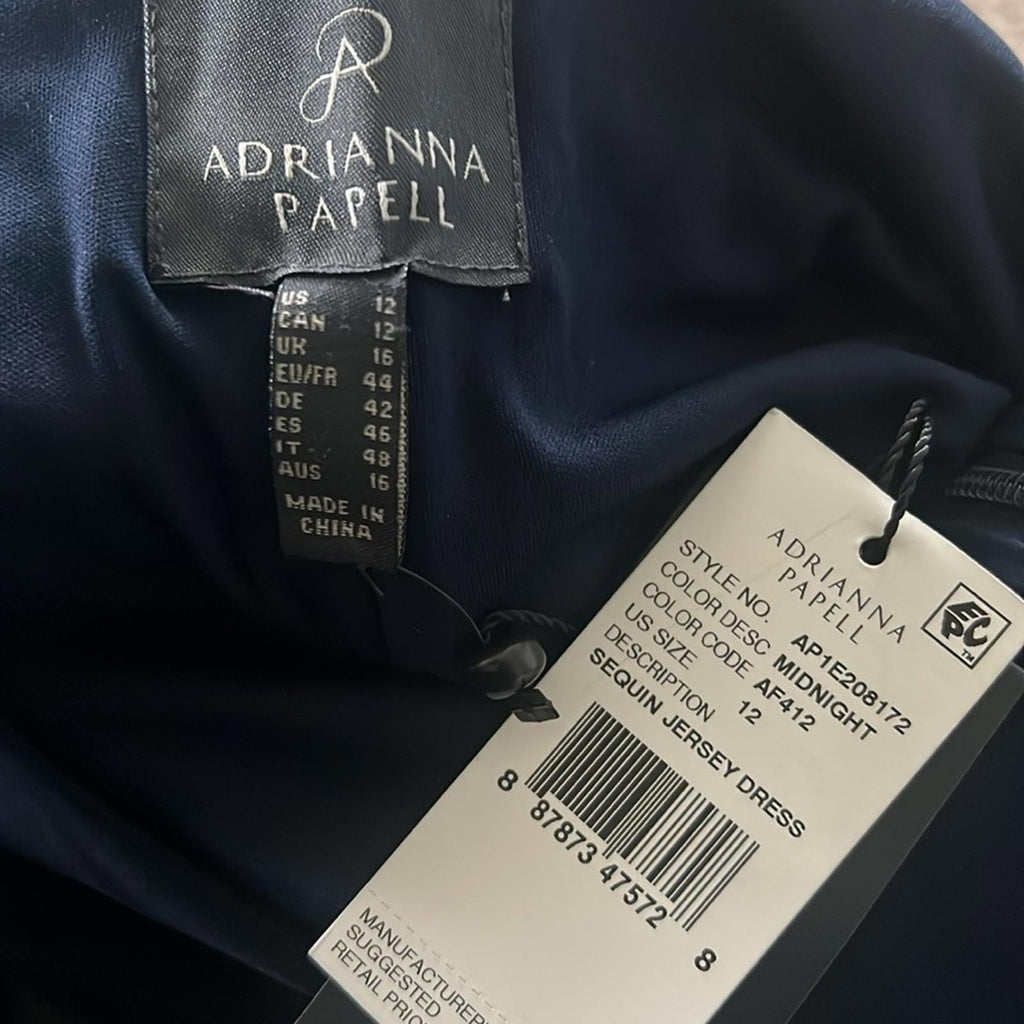 Adrianna Papell Sequin Jersey Dress in Midnight/Navy, NWT, Size 12