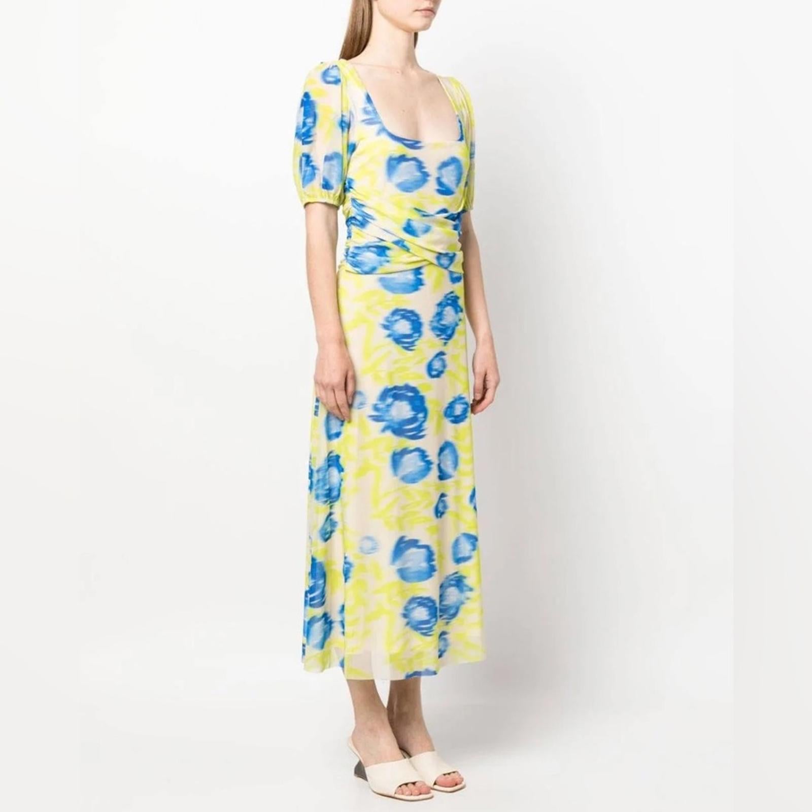 GANNI Crisscross Abstract-Printed Mesh Puff-Sleeve Midi Dress New w/Tag $445