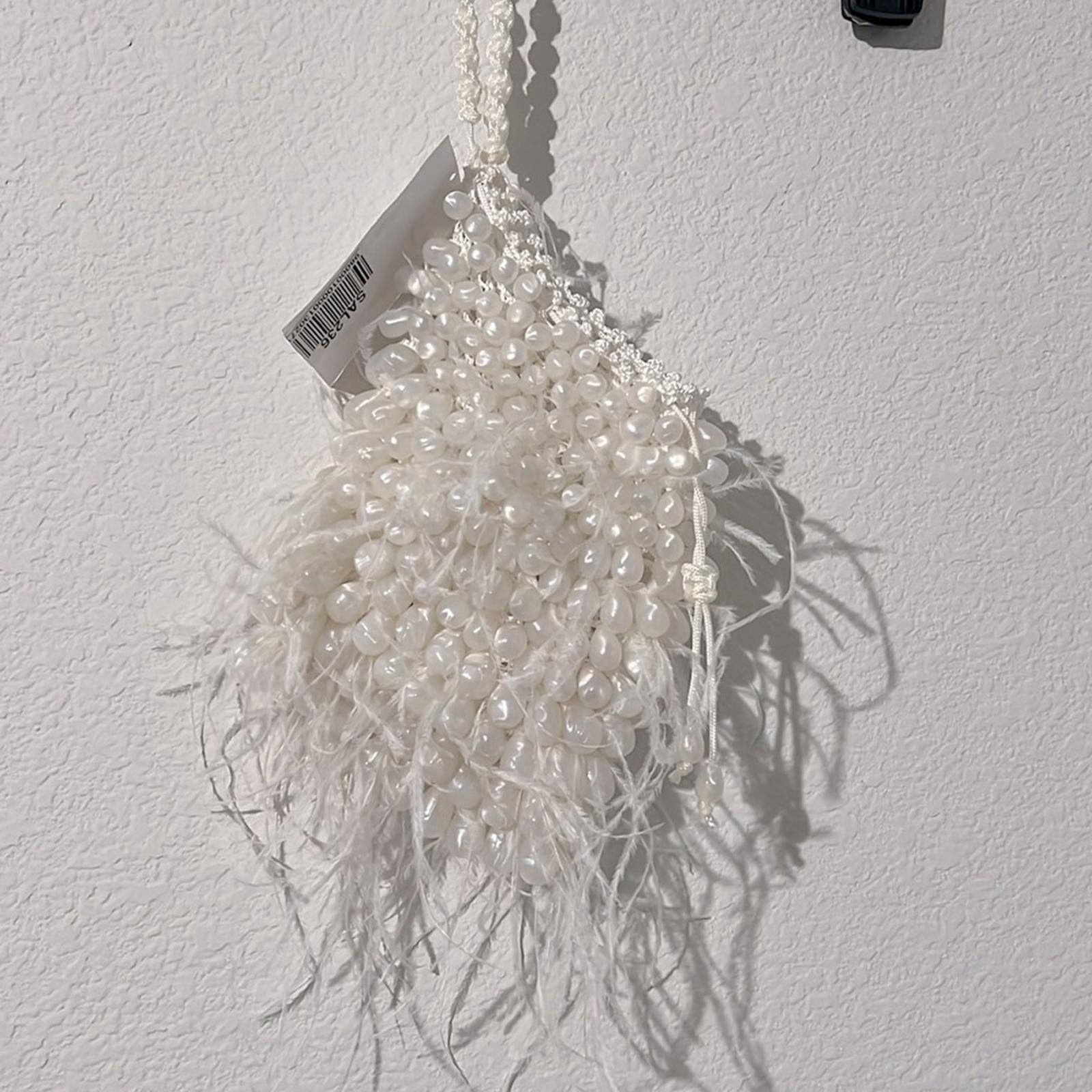 Cult Gaia Dory Ostrich Feather Beaded Wristlet in White, NWT