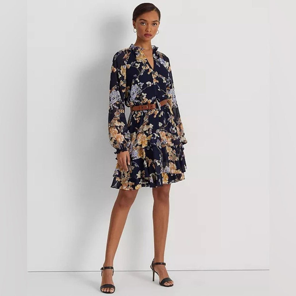 Lauren Ralph Lauren Floral Belted Crinkle Georgette Dress, Plus Size 22W NWT