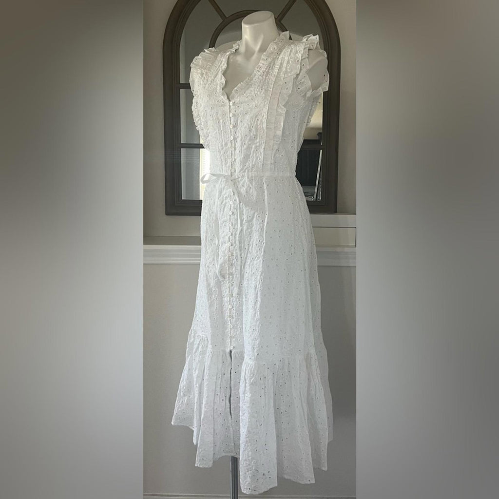 Polo Ralph Lauren Linen Ruffled Eyelet Midi Dress, White Size 4 New w/Tag $398