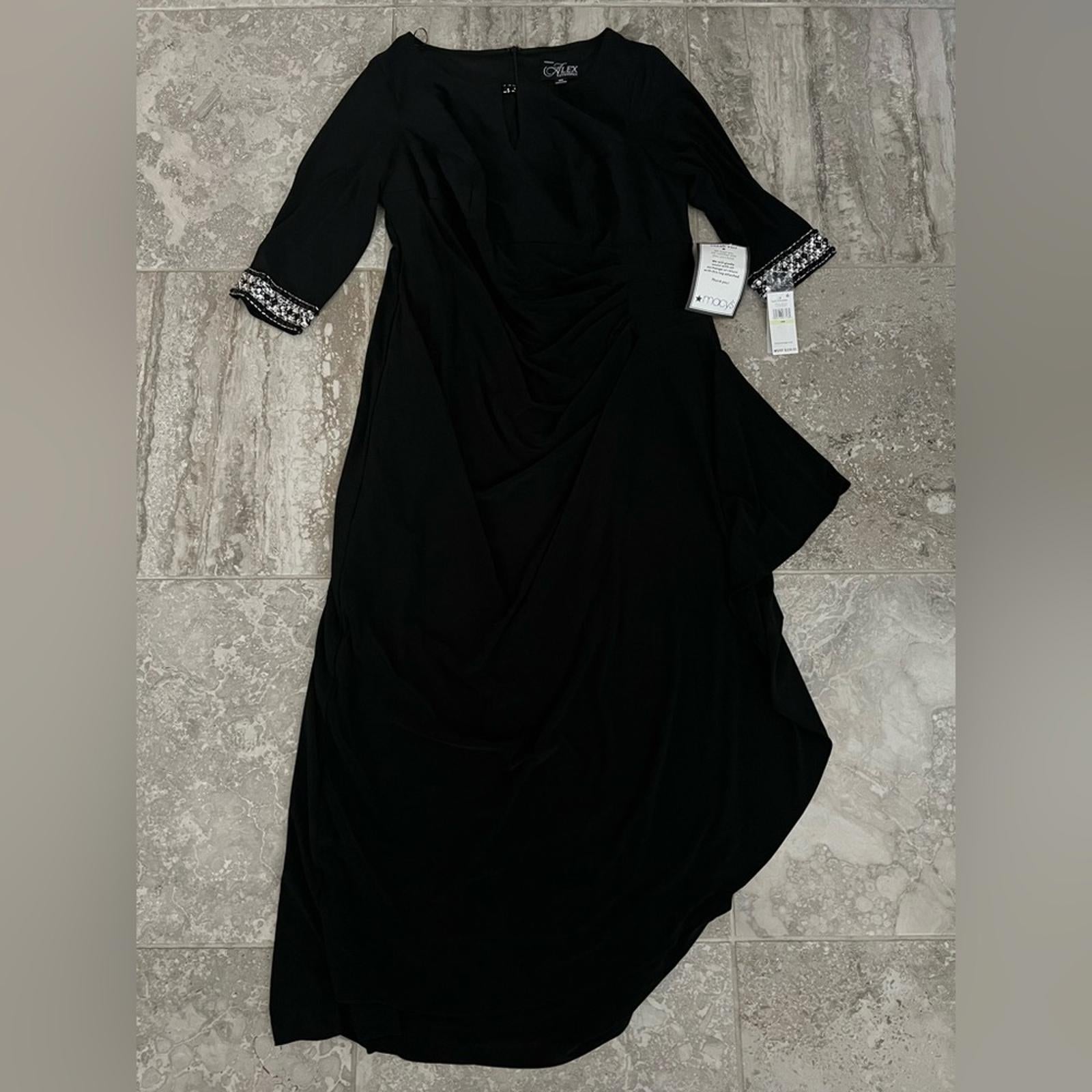 NWT Alex Evenings A-Line Dress w/Side Ruched Cascade Skirt, Black Size 18W $239