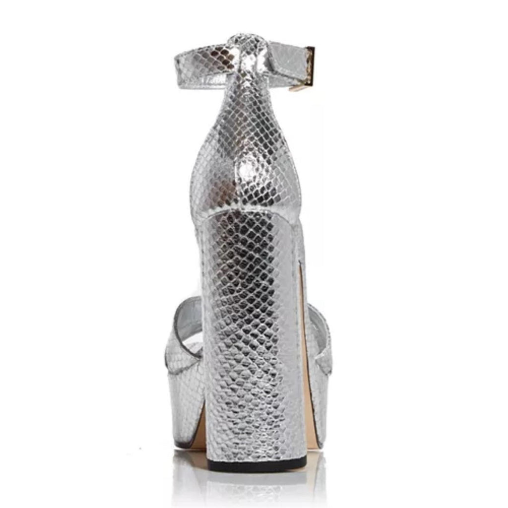 Good American Snake Embossed Platform High Heel Sandals in Silver, 6.5 NWT $185