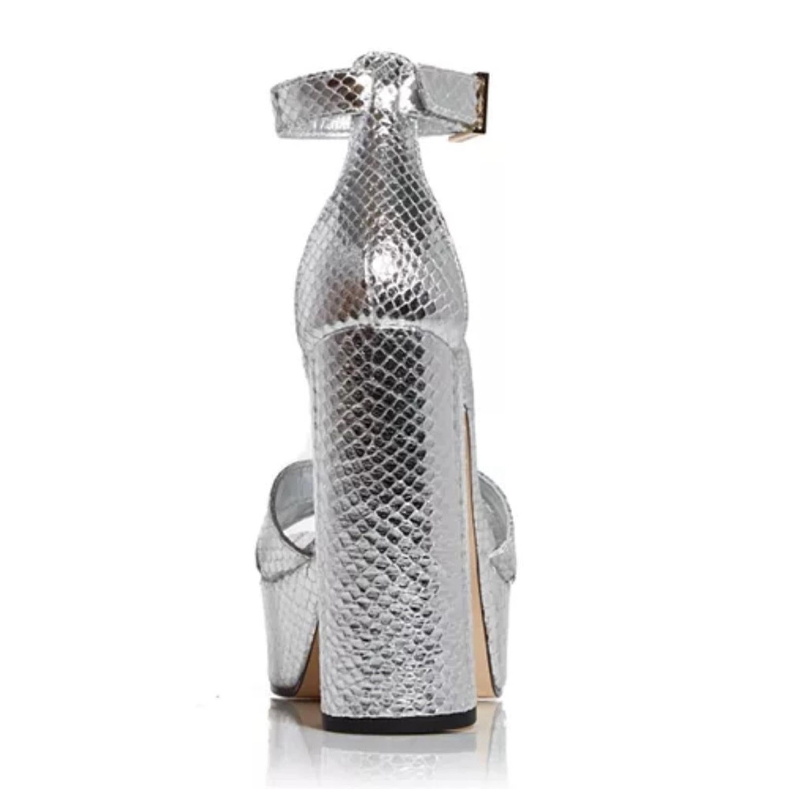 Good American Snake Embossed Platform High Heel Sandals in Silver, 6.5 NWT $185