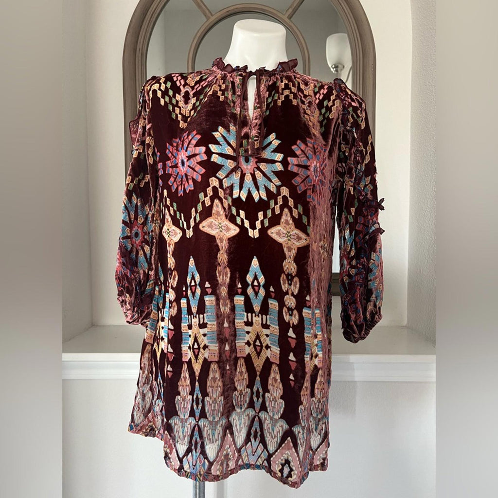 NEW Johnny Was ‘Mali’ Silk & Velvet Tunic, Red Size XS New w/Tag Retail $375