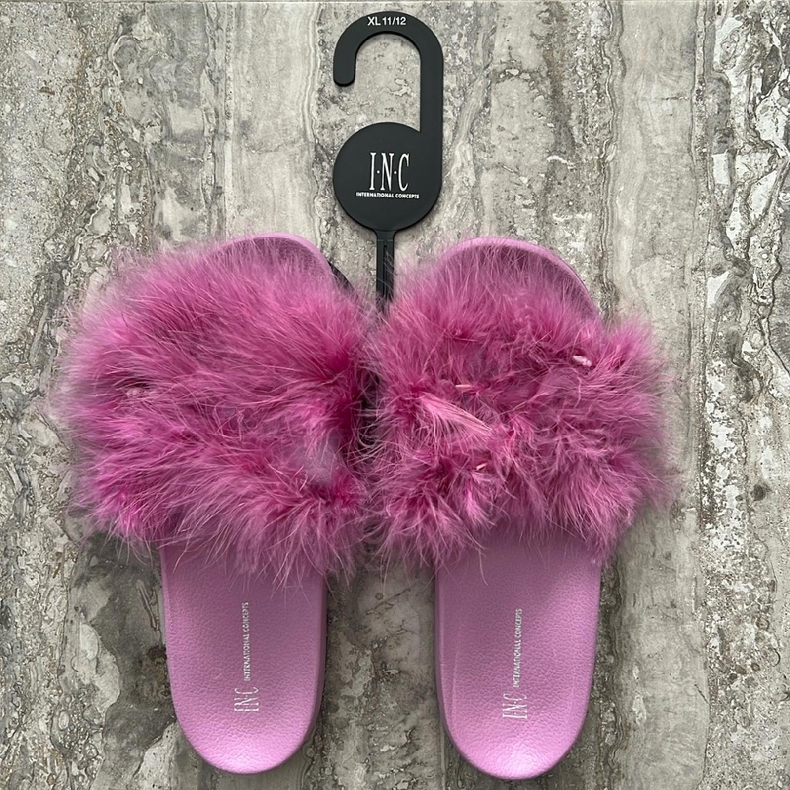 INC Faux-Marabou Slide Slippers in Pink, Size XL 11/12 New w/Tag