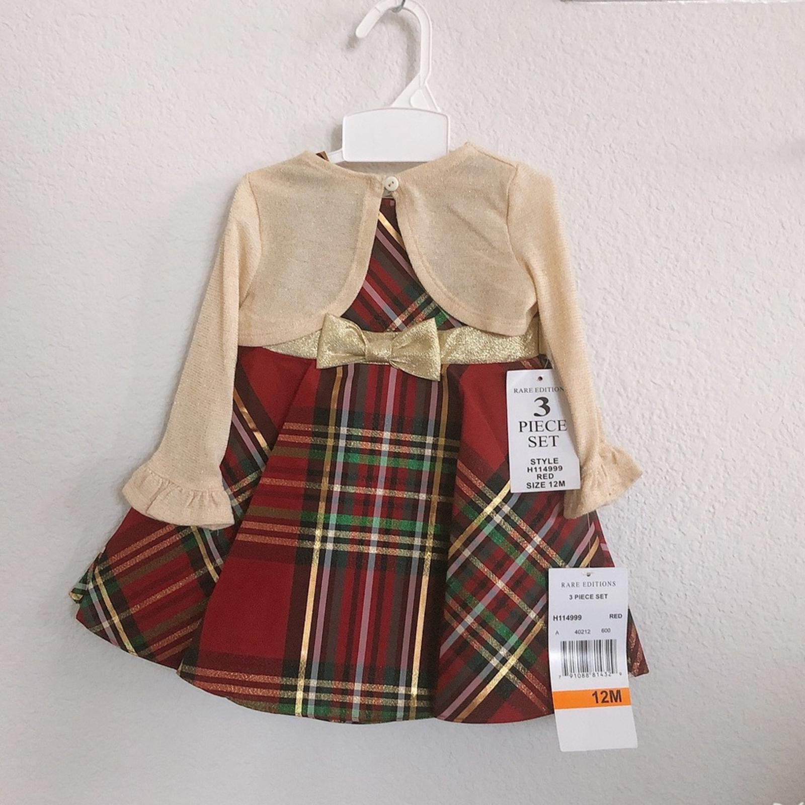 Rare Editions 3-Piece Plaid Taffeta Fit & Flare Dress+Cardigan w/Panty Size 18 M