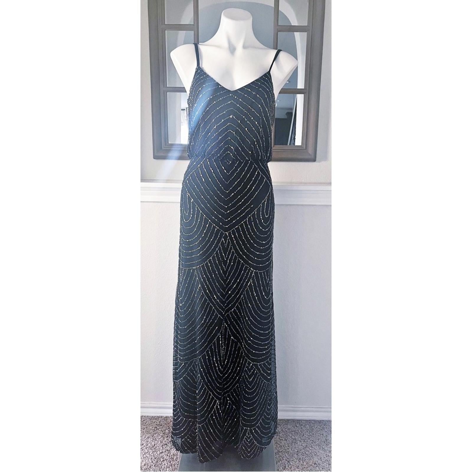 Adrianna Papell Art Deco Beaded Blouson Gown, Navy w/Silver Sequins Size 4