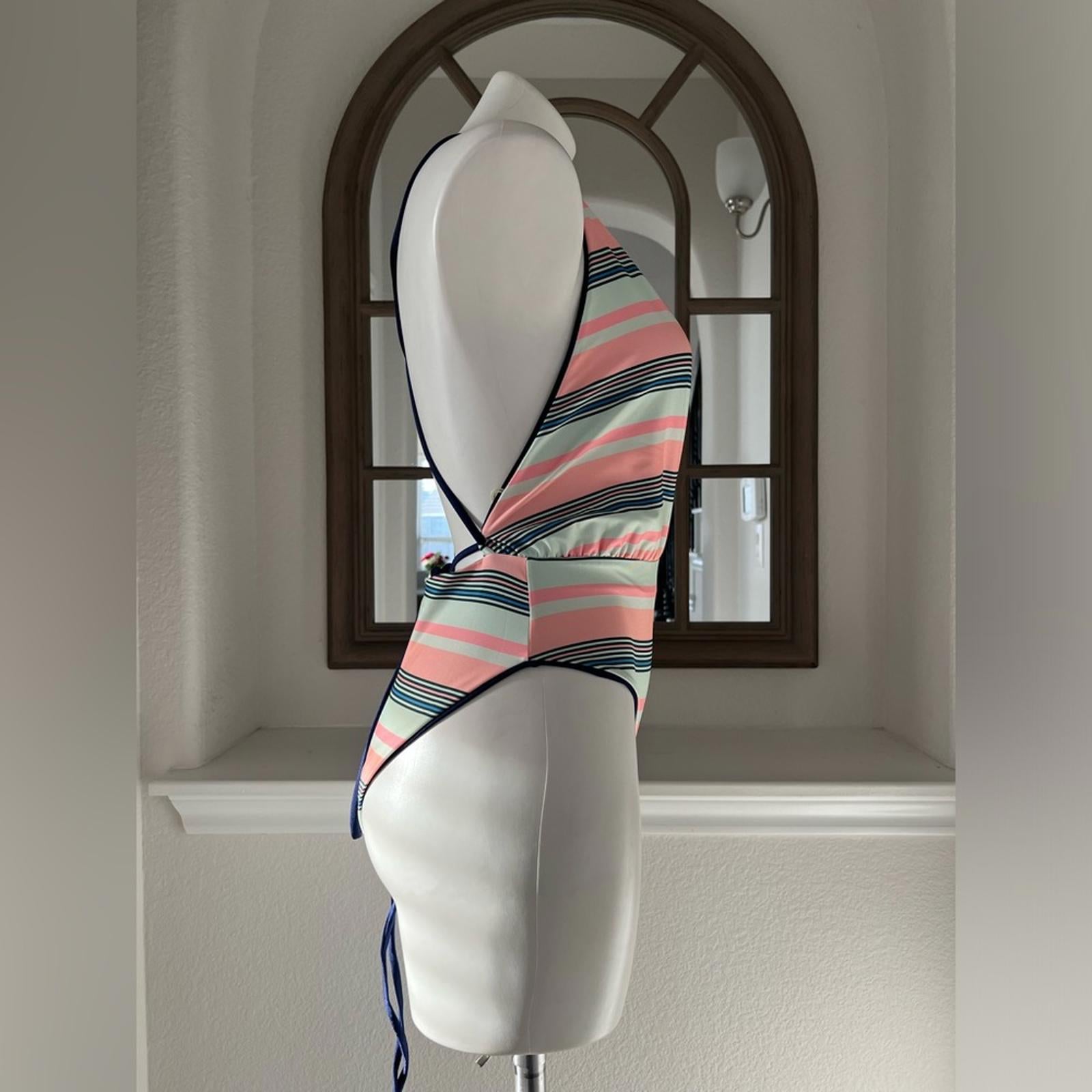 Maaji Safari Reversible Plunge One-Piece Swimsuit Stripe/Solid, Blue New w/Tag