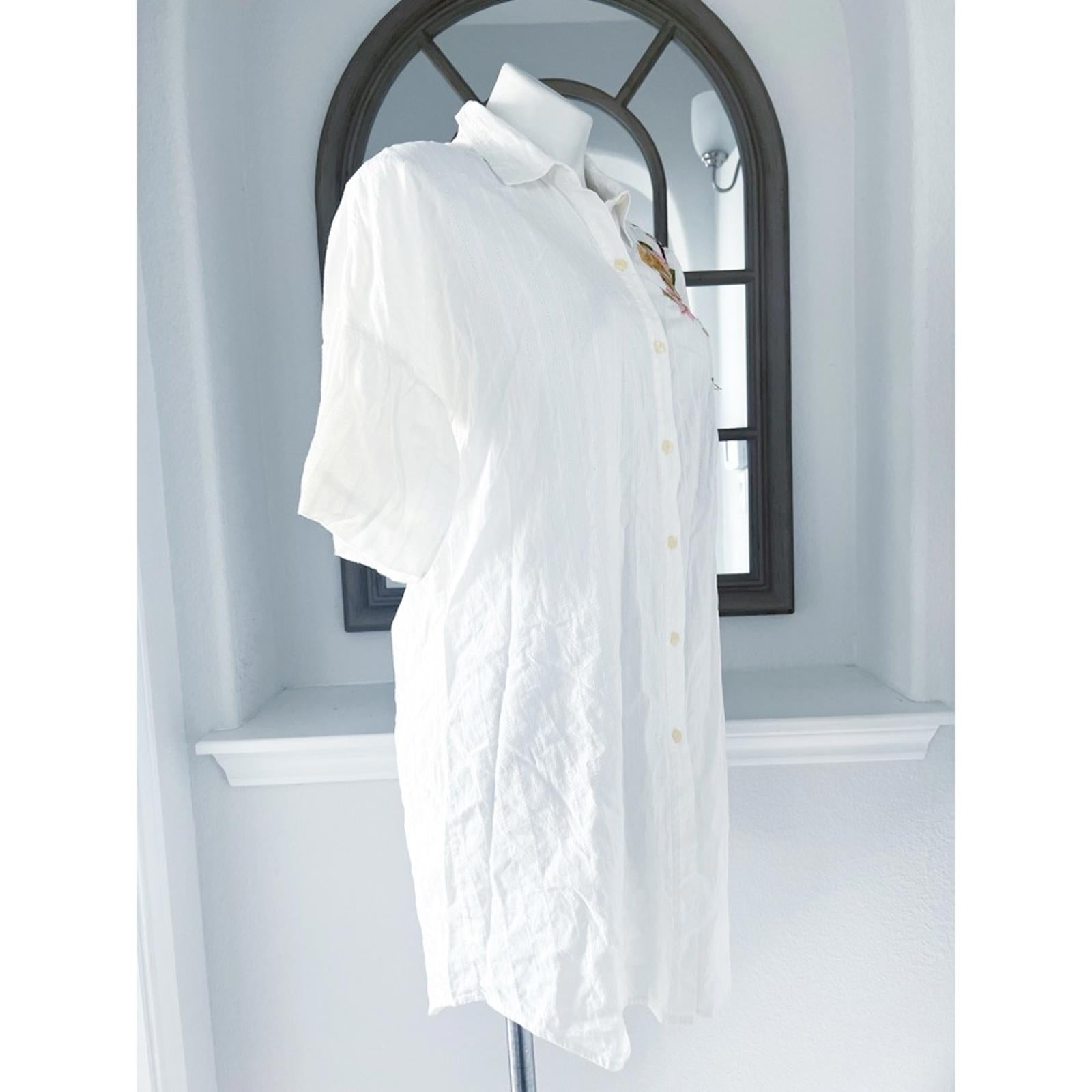 3J by Johnny Was Button Front Shirtdress with Floral Embroidery, White Size L