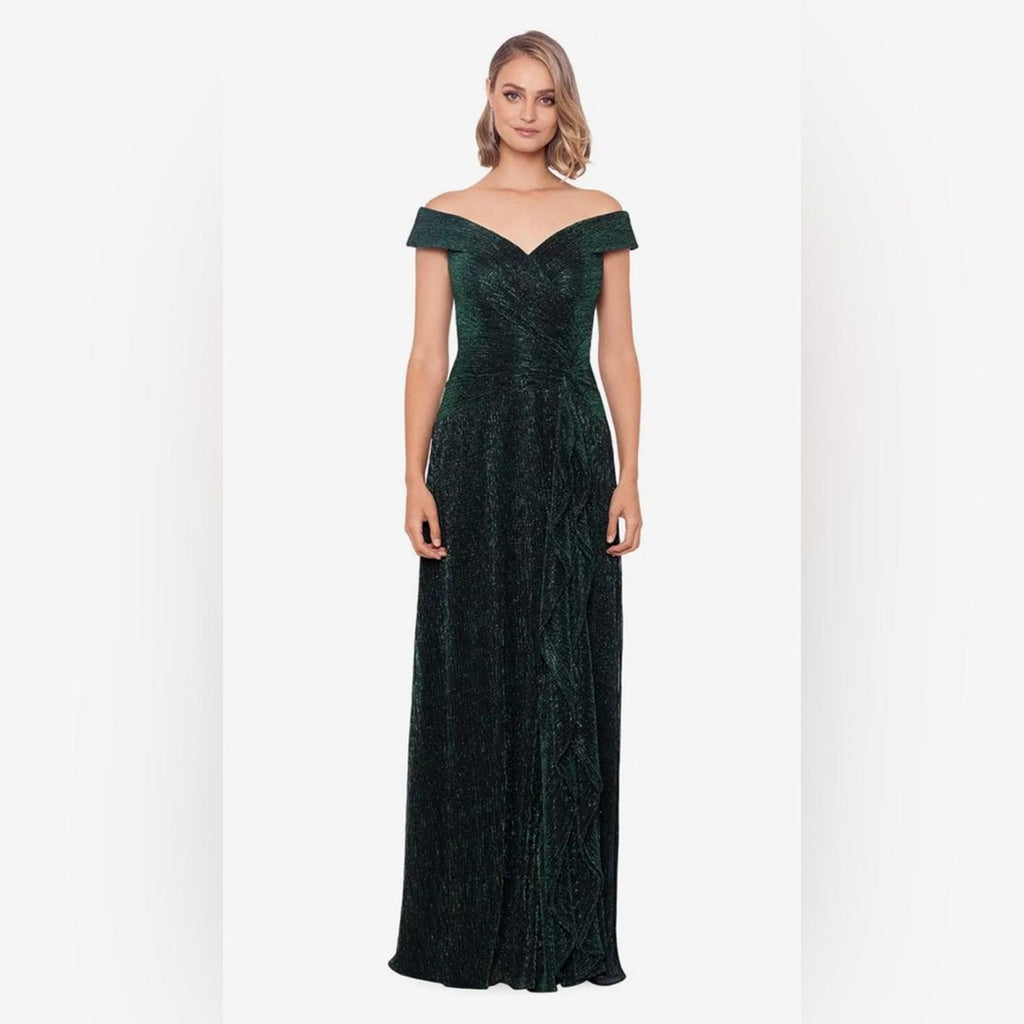 NEW XSCAPE Off-the-Shoulder Pleated Metallic Gown, Green Size 8 New w/Tag $269
