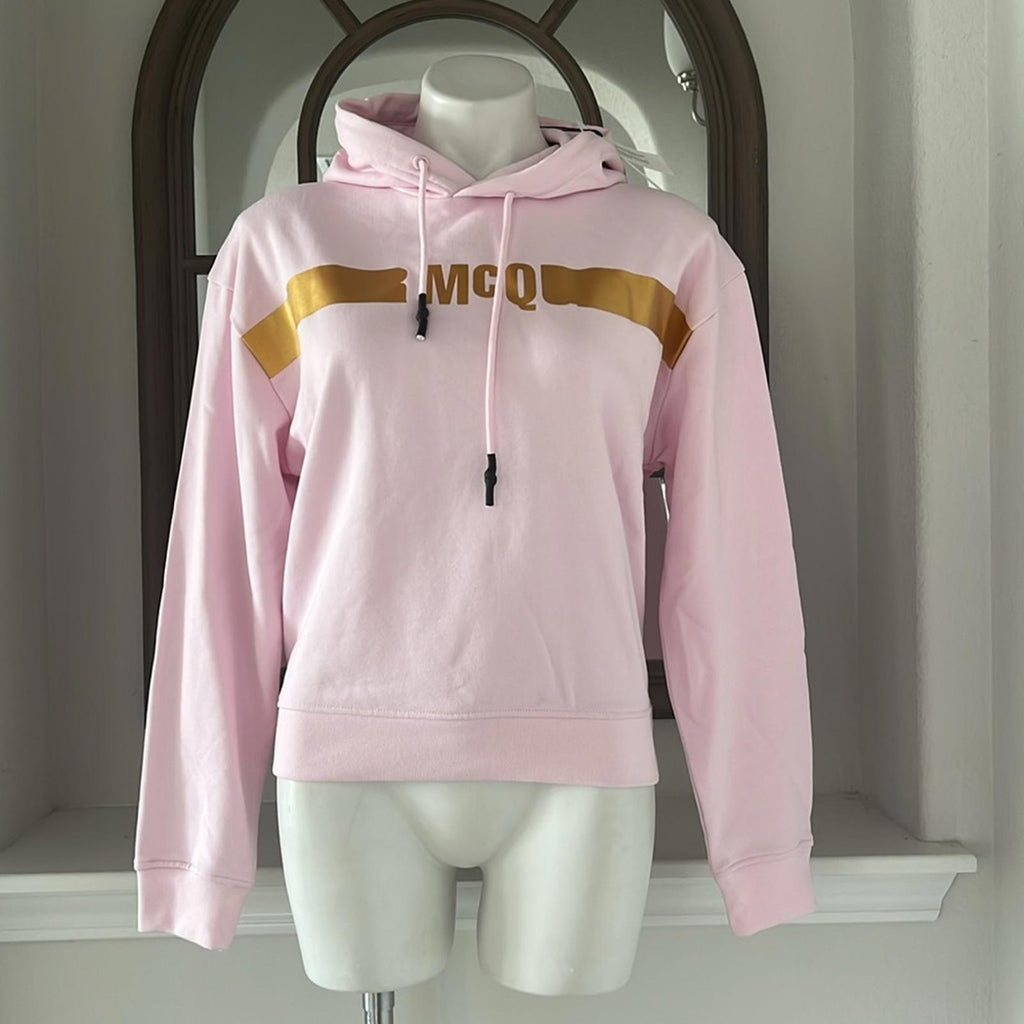 MCQ Alexander McQueen Logo Hologram Hoodie in Pink/Gold, Size S, New with Tag