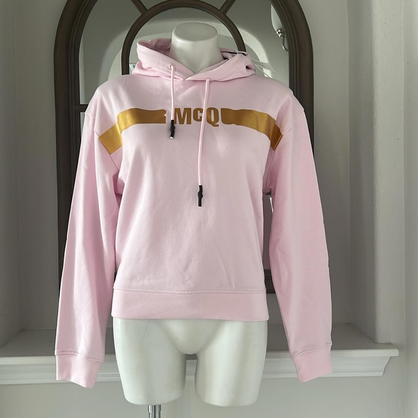MCQ Alexander McQueen Logo Hologram Hoodie in Pink/Gold, Size S, New with Tag