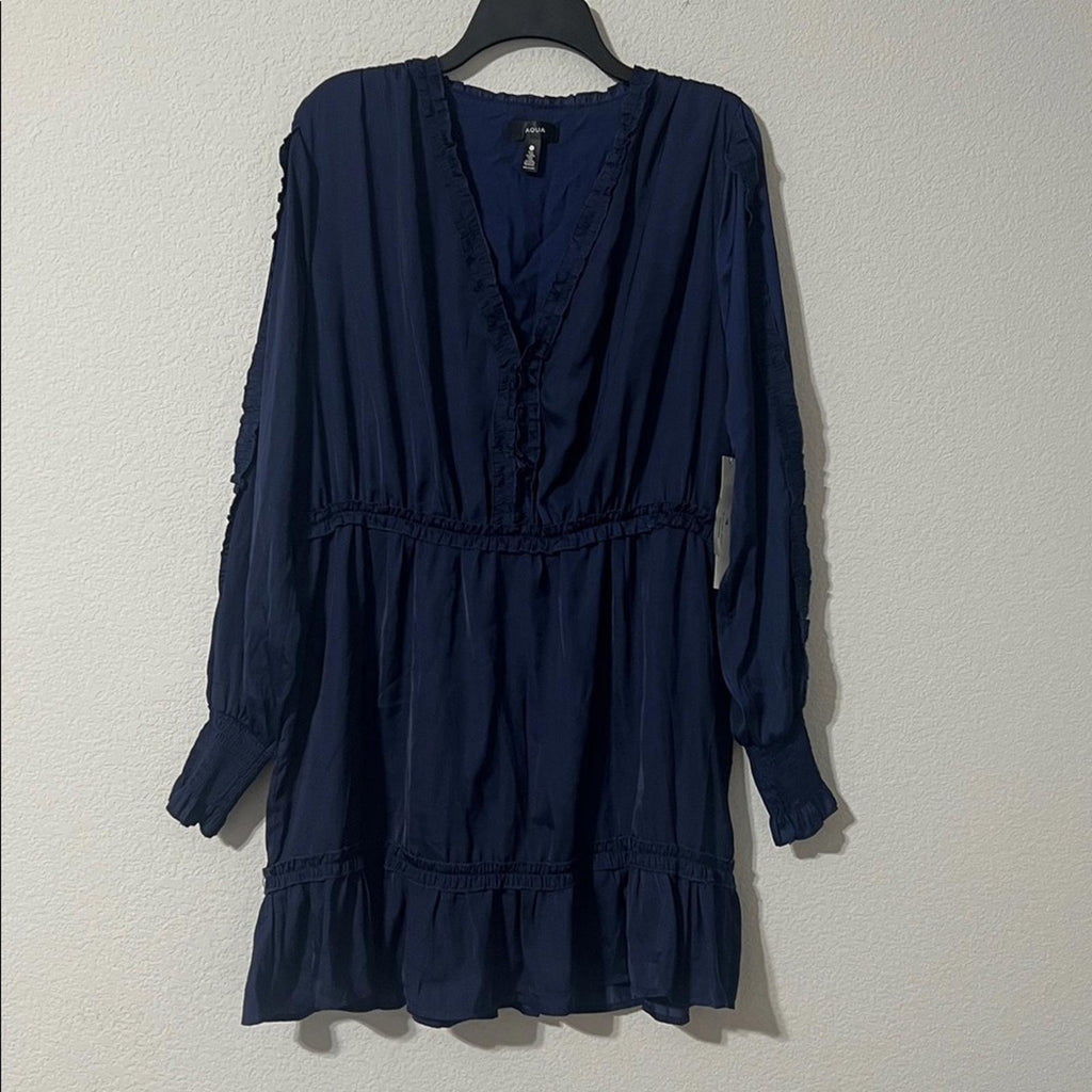 AQUA Ruffled V-Neck Dress in Navy, Size XL NEW w/Tag