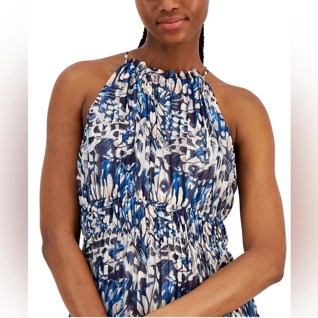 NWT Anne Klein Pleated Midi Halter Dress, Tropical Blue, Size 10 Retail $129