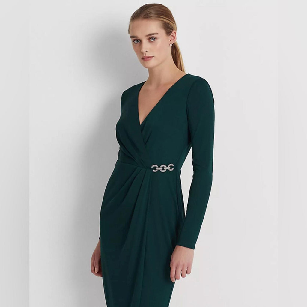 Lauren Ralph Lauren Jersey Surplice Cocktail Dress in  Green, Size 14, New w/Tag