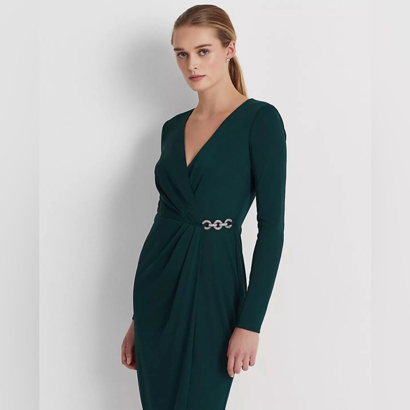 Lauren Ralph Lauren Jersey Surplice Cocktail Dress in  Green, Size 14, New w/Tag