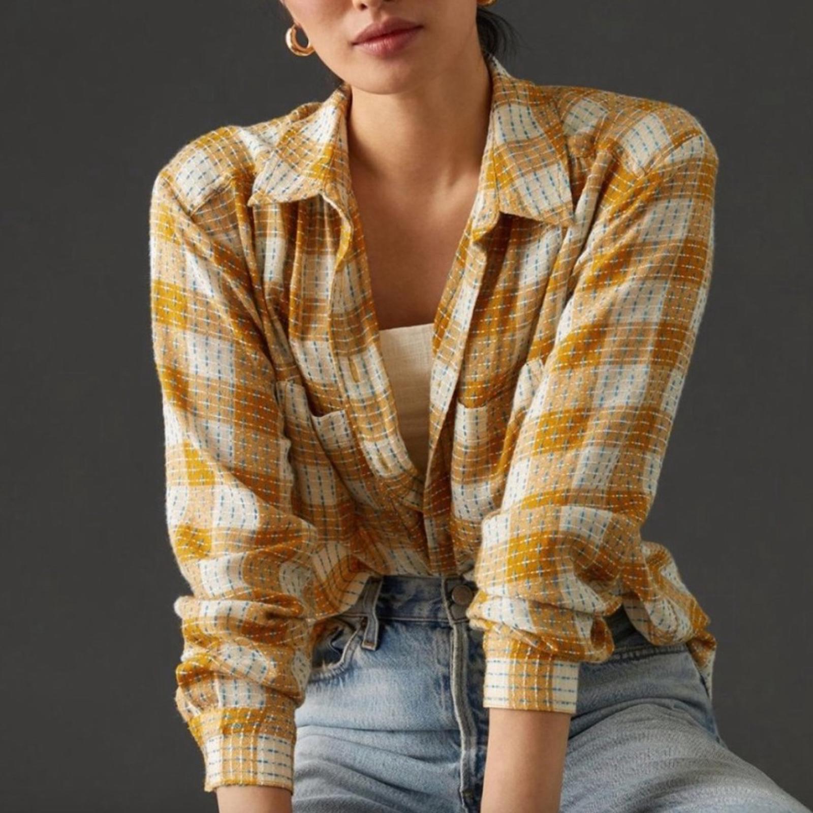 NEW Anthropologie’s Pilcro Yellow Motif Mustard Plaid Stitched Shirt Size XXS