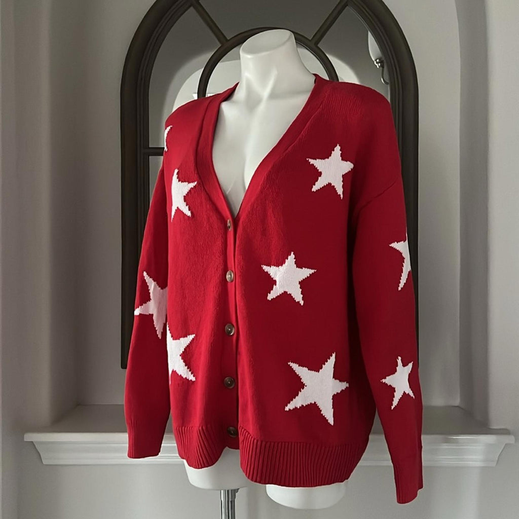 NEW Lane Bryant V-Neck Button-Front Star Cardigan Red/White Size 14/16