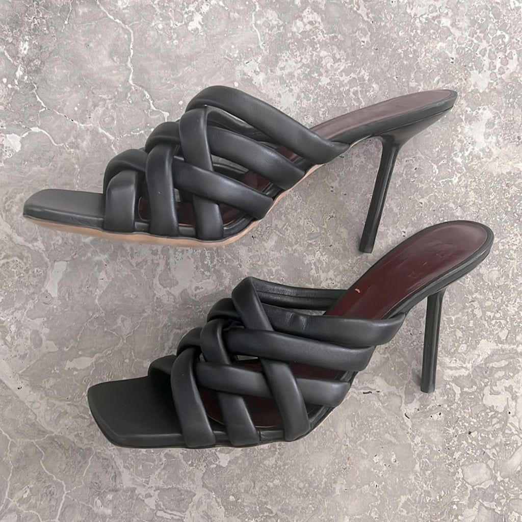 New STAUD Deepwater Square Toe Woven Strappy High Heel Sandals, Black Size 39.5