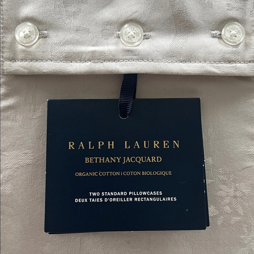 Ralph Lauren Home Organic Cotton Bethany Jacquard Two Standard Silver Shams, NWT