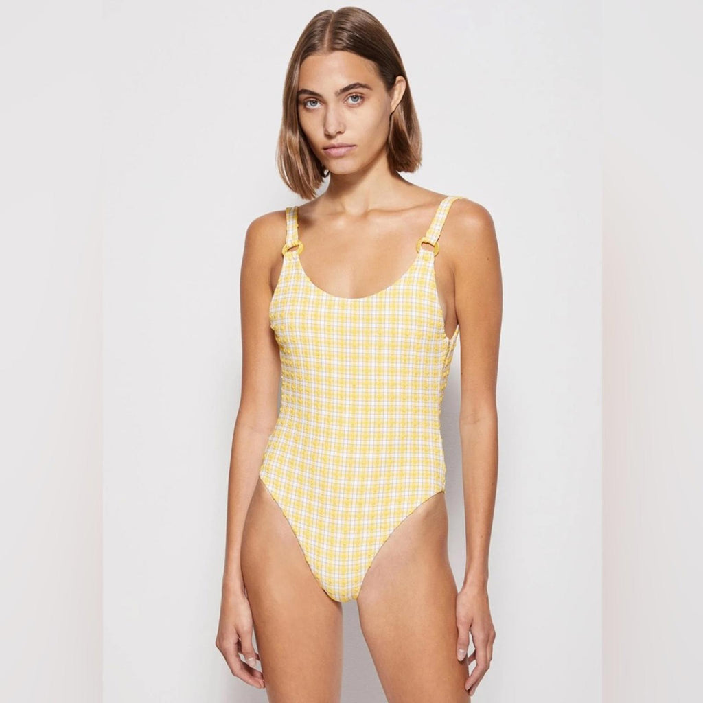 Jonathan Simkhai Rosabel Seersucker Swimsuit, Plaid Daffodil, Size L NWT $275