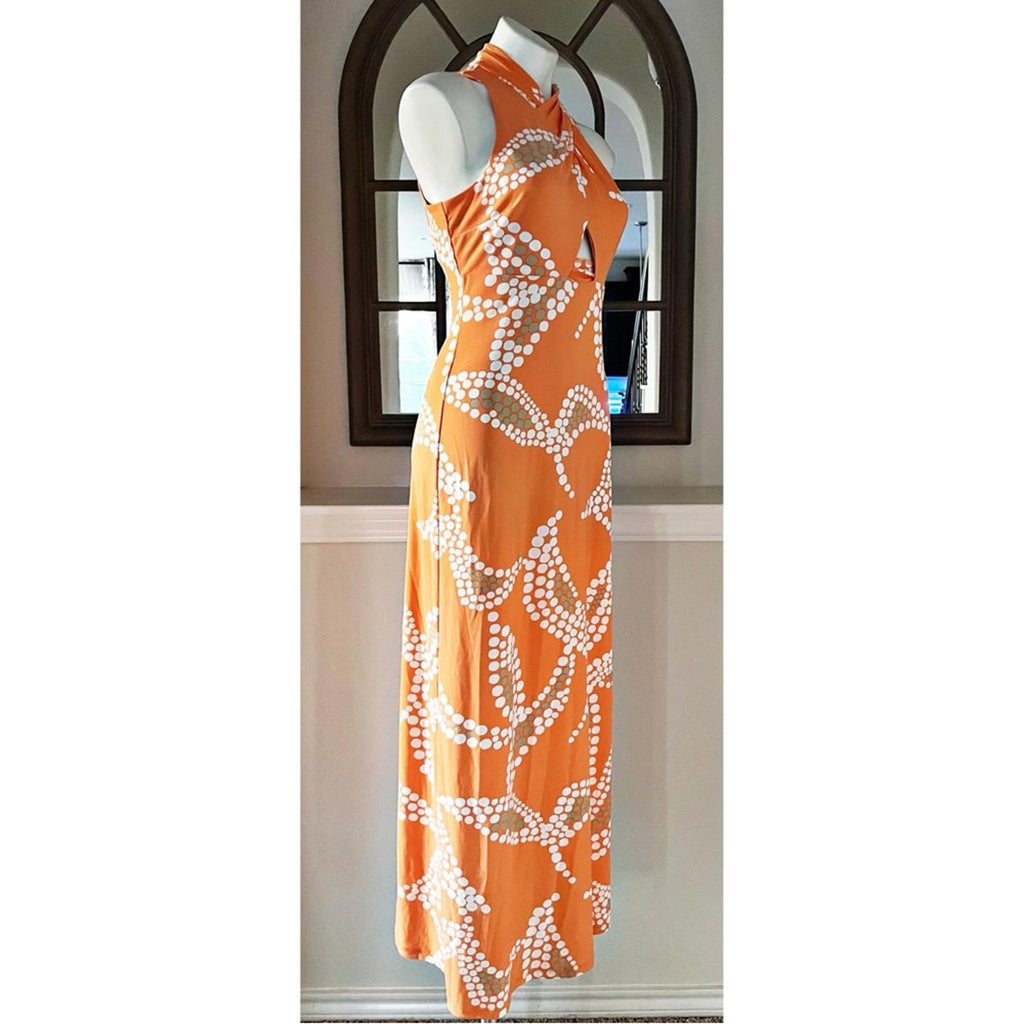 Rachel Roy Bird of Paradise Halter Maxi Dress in Orange Multi, Size S NEW $129