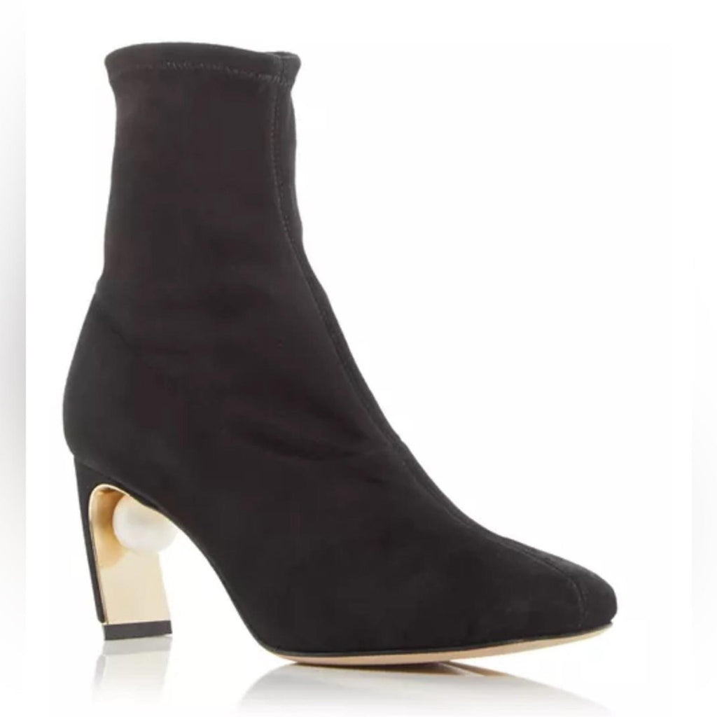 Nicholas Kirkwood Maeva Faux Pearl Stretch Booties in Black, Size 38.5 NEW $895