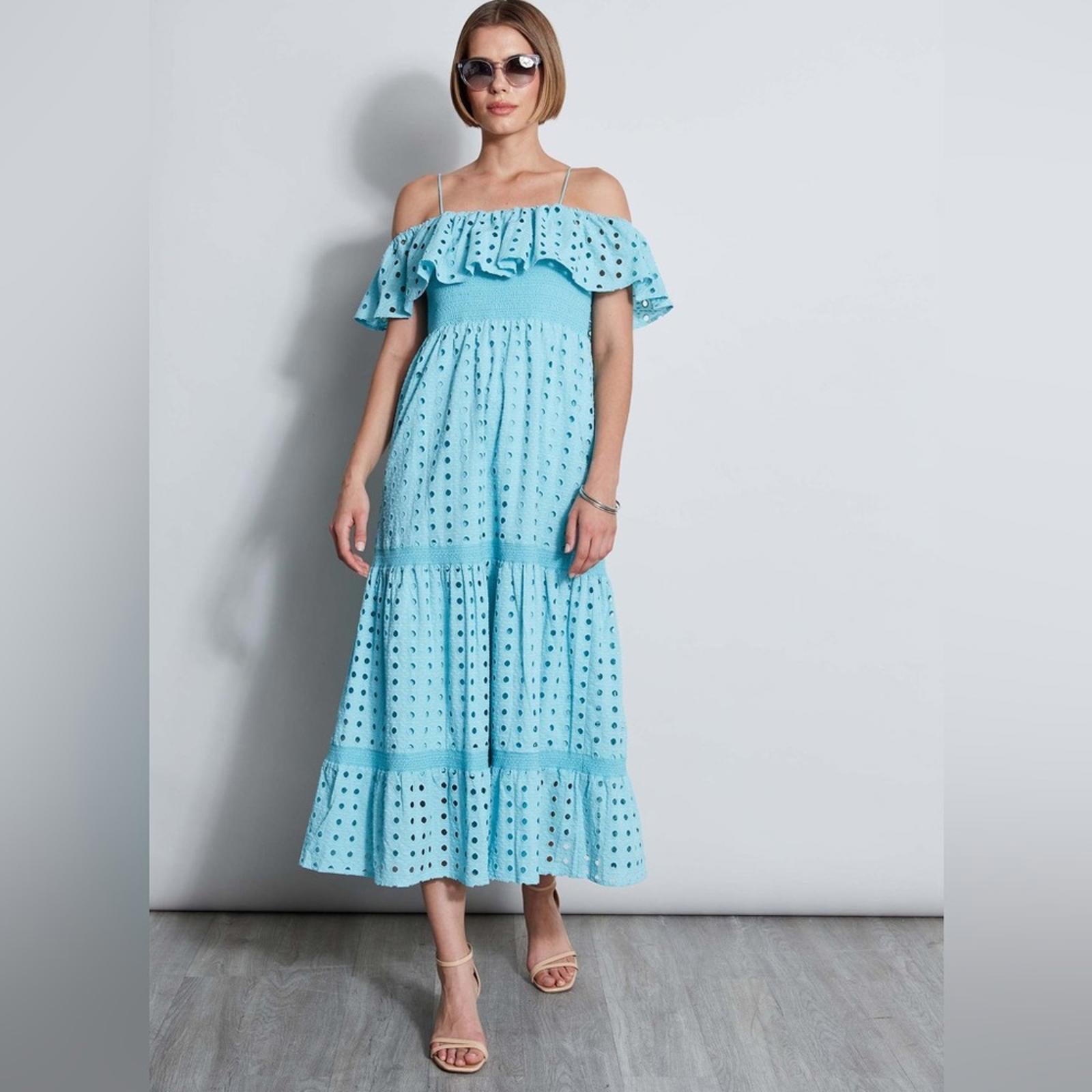 T-Tahari Eyelet Maxi Dress in Blue Haze, Size XS, NEW