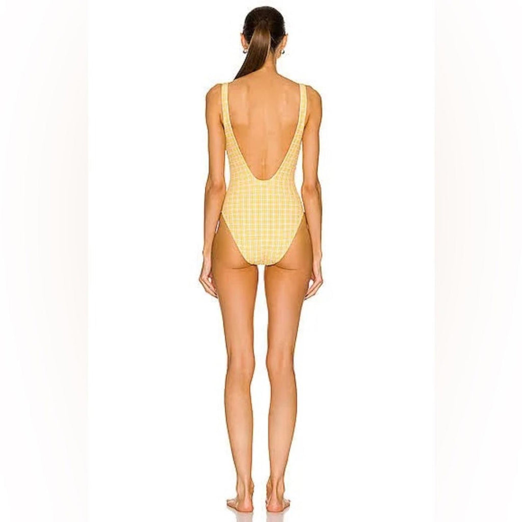Jonathan Simkhai Rosabel Seersucker Swimsuit, Plaid Daffodil, Size L NWT $275