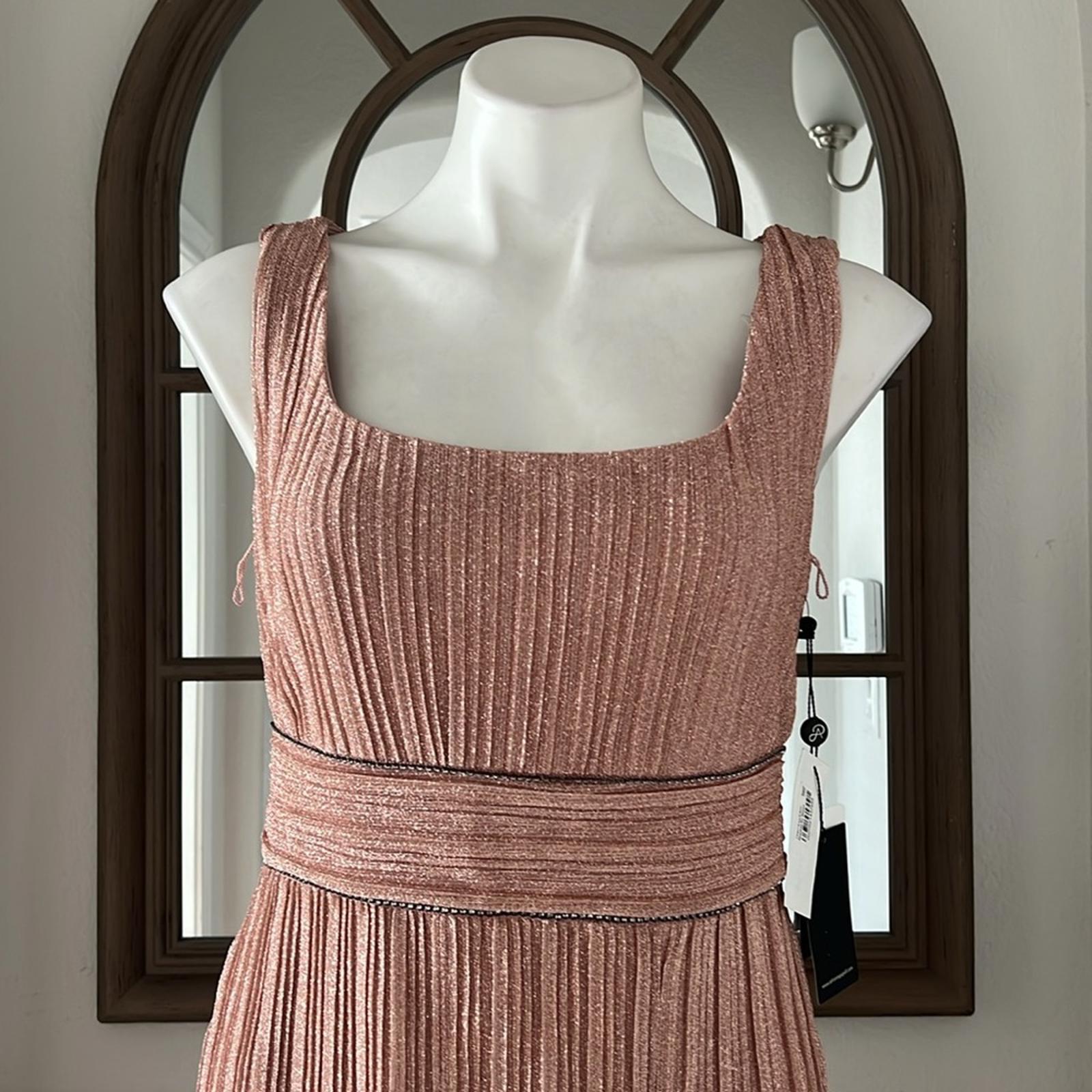 Adrianna Papell Metallic Pleated Long Gown in Rose, Size 8 NEW w/Tag $229