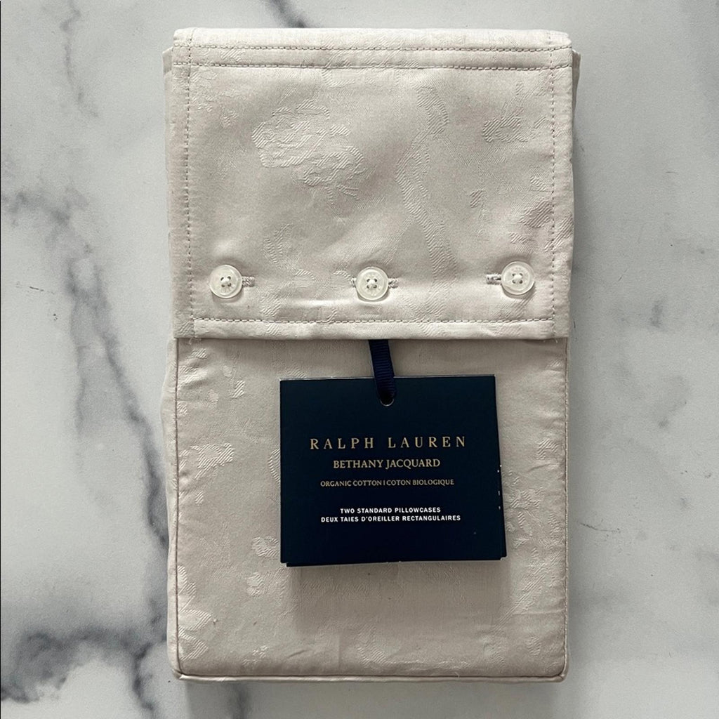 Ralph Lauren Home Organic Cotton Bethany Jacquard Two Standard Silver Shams, NWT