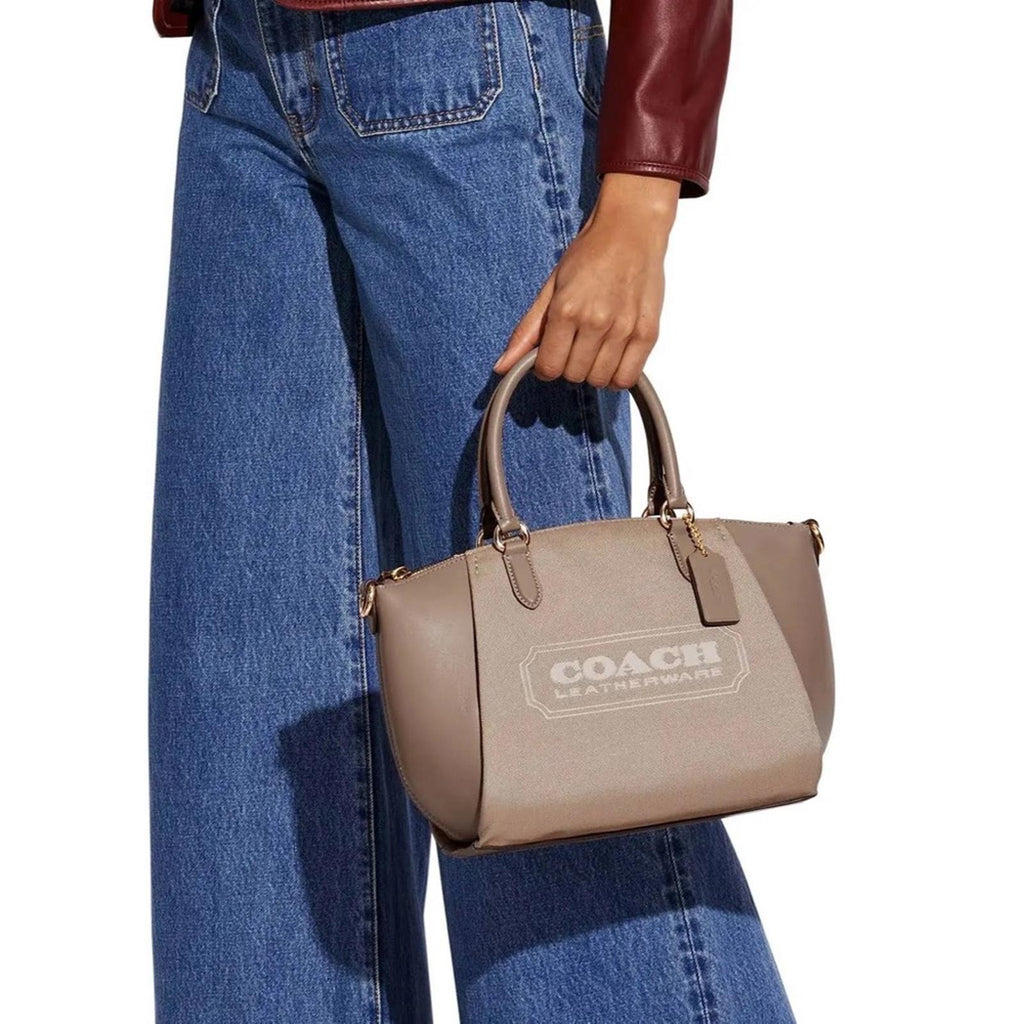 NEW Coach Badge Jacquard Elise Satchel in Chalk Taupe