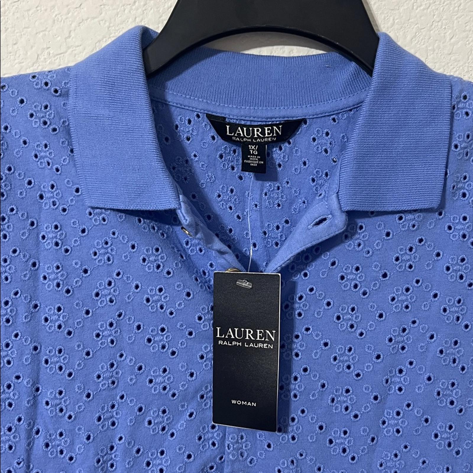 Lauren Ralph Lauren Blue Eyelet Logo Short Sleeve Collared Polo Top Size 1X NWT