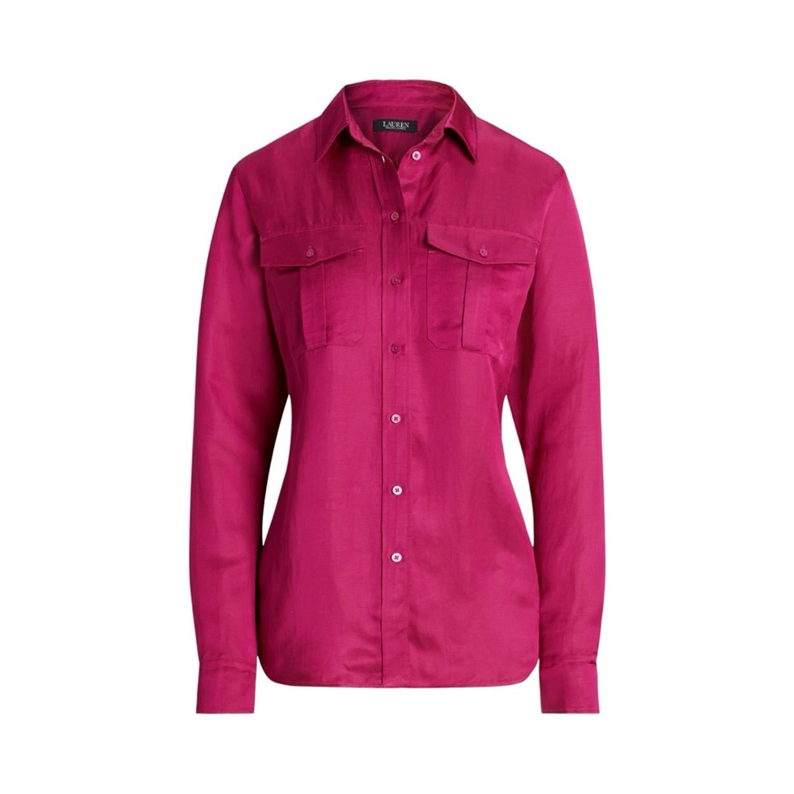 Lauren Ralph Lauren Satin Long Sleeve Buttoned Top in Fuchsia, Plus Size 1X NWT