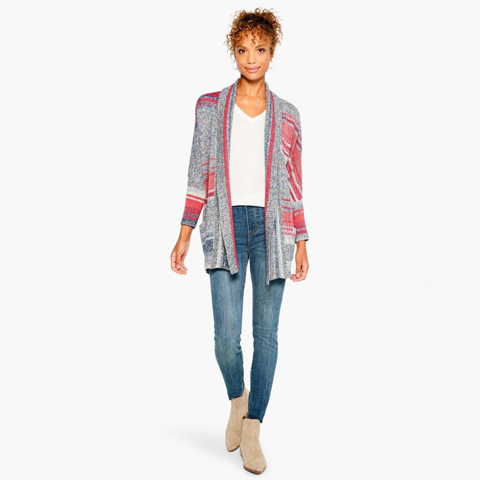 Nic+Zoe Santa Monica Open Front Cardigan w/Long Sleeves, Pink Multi Size XS NWT