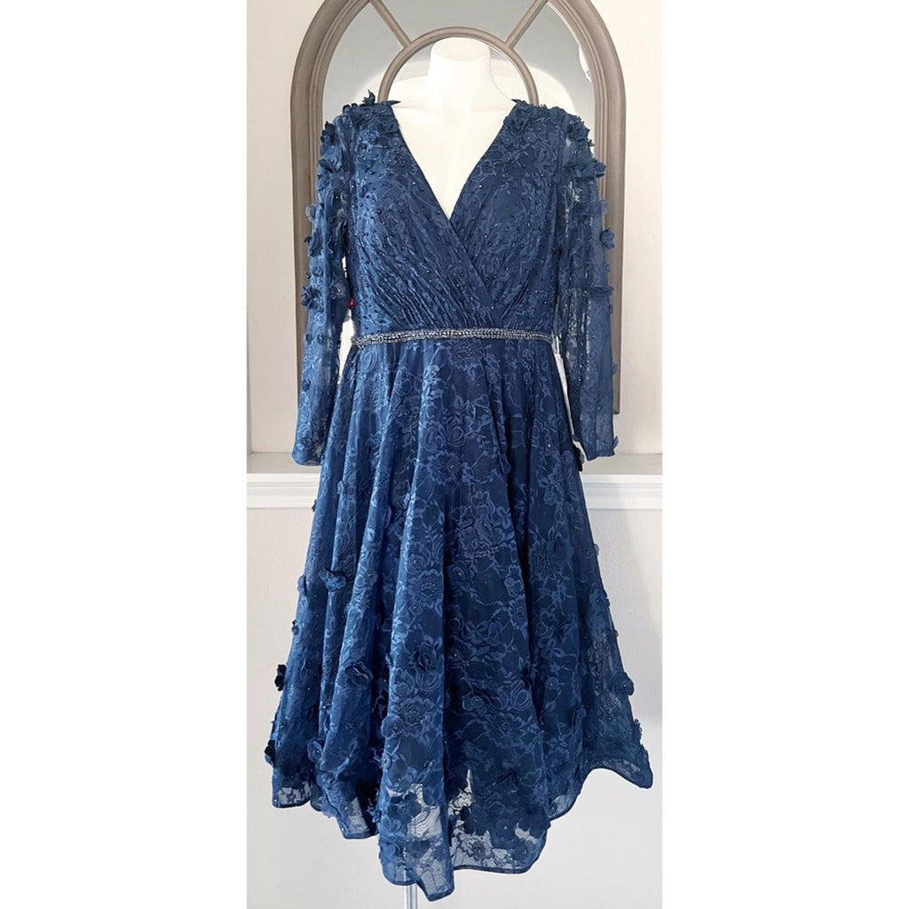 Mac Duggal Fit & Flare Lace Dress w/Floral Appliqués Three-Quarter Sleeve