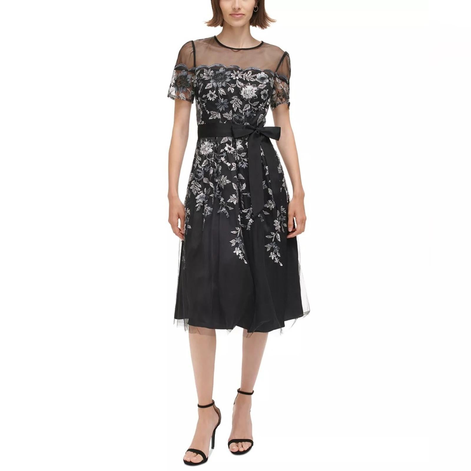 Eliza J. Embroidered Illusion Fit & Flare Dress w/Pockets Black Size 2 New w/Tag