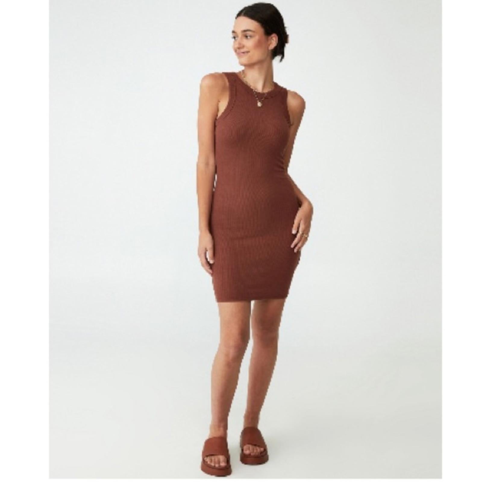 NWT Cotton-On Rib Racer Mini Dress, Vintage Brown Size L, New w/Tag Retail $35