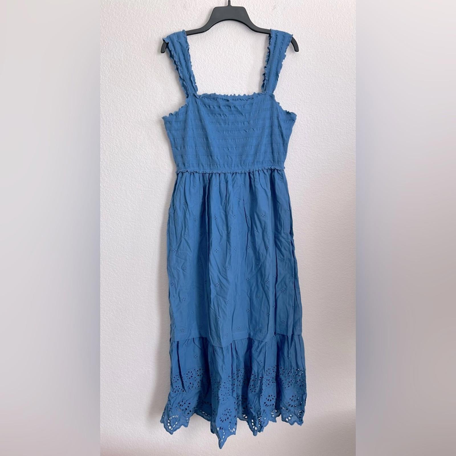 Betsey Johnson Smocked Embroidered Eyelet Midi Dress in Federal Blue, Size XL